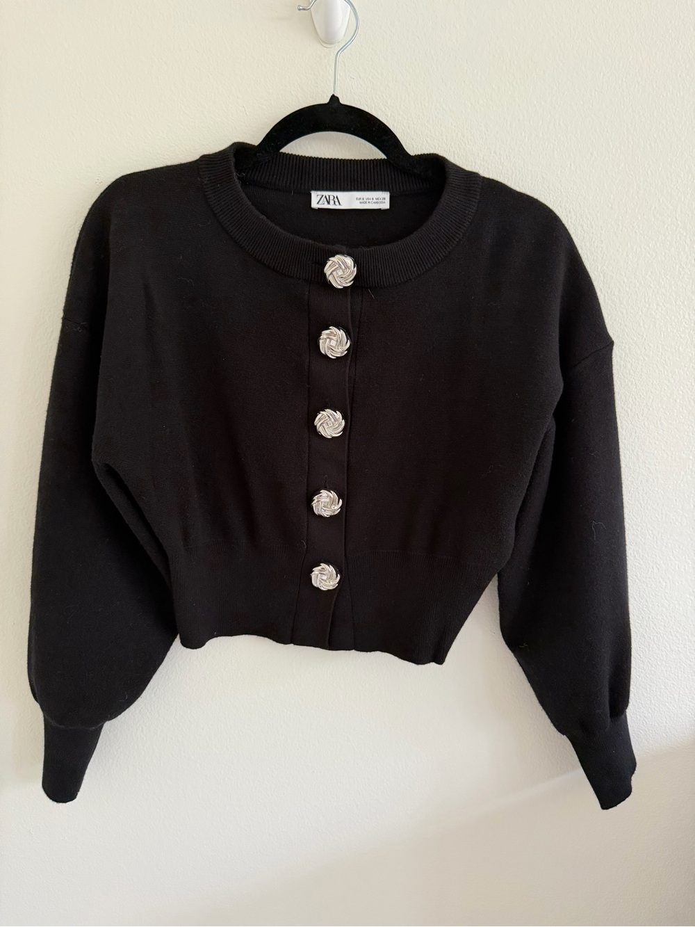 Zara Black Cropped Cardigan with Silver Floral Buttons